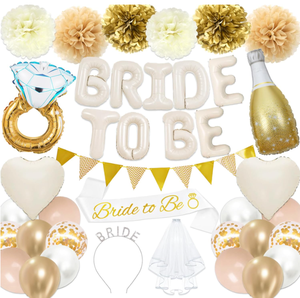 Anillo de diamantes de champán, globos de aluminio para novia, diadema, velo, faja colgante, pompones de papel, bandera para suministros de fiesta de despedida de soltera - Product Image 1