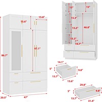 Grande armoire de chambre en bois blanc à 6 portes avec miroir, tringle de suspension et 4 tiroirs de rangement