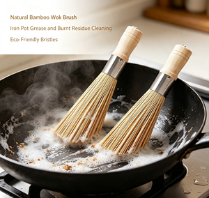 Brosse à vaisselle en bambou naturel, brosse de nettoyage de cuisine, manche en bois, non rayante, long manche, pour casseroles et woks - Product Image 3