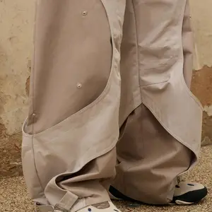 Unique Design Irregular Structured Pants Detachable Pockets Belt Waist Light Color Paneled Straight Leg Trousers Men