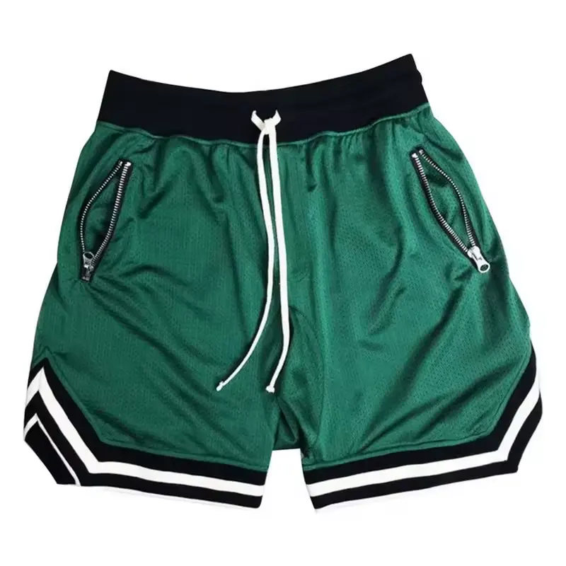 Calça curta masculina de secagem rápida respirável com bolsos com zíper, shorts de malha ajustáveis para roupas esportivas de verão, calça de venda imperdível