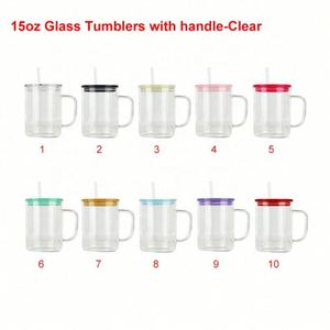 Tasses à café en verre dépoli transparent de 15 oz avec logo personnalisé, sublimation, poignée et couvercle coloré - Product Image 4