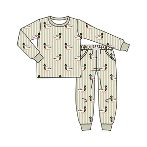 Longlv Conjunto de 2 piezas de ropa de dormir de algodón orgánico para bebés, con estampado de pato y rayas, pijama de manga larga - Product Image 5