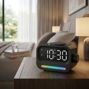 Altavoz 4 en 1 Personalizado con Estación de Carga Inalámbrica, Reloj Despertador, Cargador Rápido de Marca Privada, Luz Nocturna, Cine en Casa, Computadora - Product Image 1
