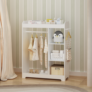 Kids Dress <strong>up</strong> Storage with Mirror&amp;Hooks, Wooden Clothes Rack, Hanging Rod, Shelves Organizer for Playroom Bedroom Nursery White - Product Image 2