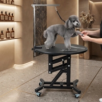 Table de toilettage professionnelle ronde pneumatique pour chien, réglable en hauteur, avec plateau antidérapant et bras de maintien