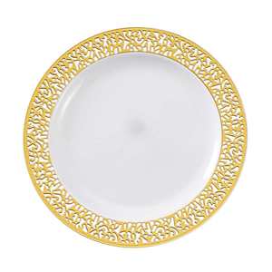 <span class=keywords><strong>Assiette</strong></span> jetable en plastique compostable de 9 pouces <span class=keywords><strong>Assiette</strong></span> à gâteau occidentale Golden Rose Gold Silver Accents <span class=keywords><strong>Assiette</strong></span> de fête en papier creux Vaisselle - Product Image 1