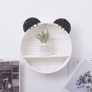 Panda Ear Wicker Rattan Shelf Round <b>Wall</b> Mounted <b>Storage</b> Basket For Bedroom Cosmetics Succulent Display Rack - Product Image 1
