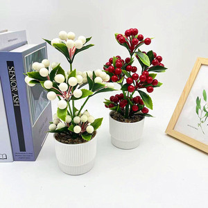 Plante artificielle de type bonsaï aux baies, 25 cm de haut, en mousse plastique, plante décorative d'intérieur en pot avec galets, rouge vif, rose, orange, blanc - Product Image 3