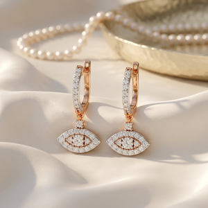 Pendientes colgantes de oro amarillo macizo de 10K, 14K, 18K con diamante CVD de laboratorio, diseño de talismán marquesa y ojo turco - Product Image 1