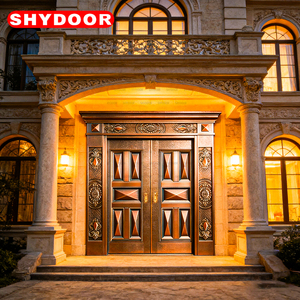 Porte de sécurité de luxe en cuivre avec cœur en acier inoxydable, double porte d'entrée principale pour villa, finition <span class=keywords><strong>acajou</strong></span> pour extérieur de manoir - Product Image 4