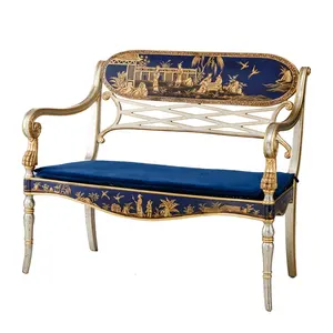 中国江门工厂欧式蓝色沙发双凳，带藤木双椅家具，用于项目和别墅