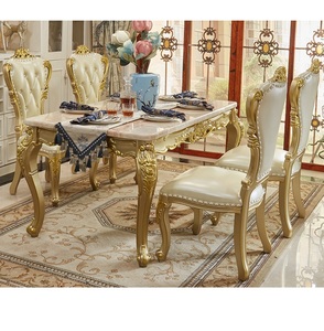Juego de Mesa de Comedor Rectangular de Madera Maciza Dorada Noble de Lujo con Marco Tallado, con Cubierta de Mármol y Combinación de Sillas para Restaurantes y Hogar - Product Image 2
