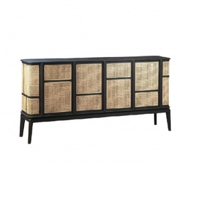 Buffet antique en bois noir avec décoration de porte en rotin pour salon - Product Image 3
