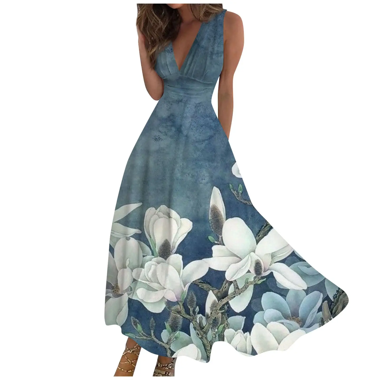 Gaun wanita motif bunga Digital kasual terlaris 2024 gaun musim semi seksi tanpa lengan leher V rendah