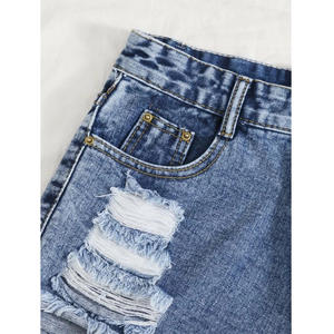 Pantaloncini da <span class=keywords><strong>donna</strong></span> in Denim strappati su misura blu <span class=keywords><strong>Jeans</strong></span> dritti larghi lavati con Logo orlo grezzo su pantaloni <span class=keywords><strong>corti</strong></span> in vita - Product Image 3