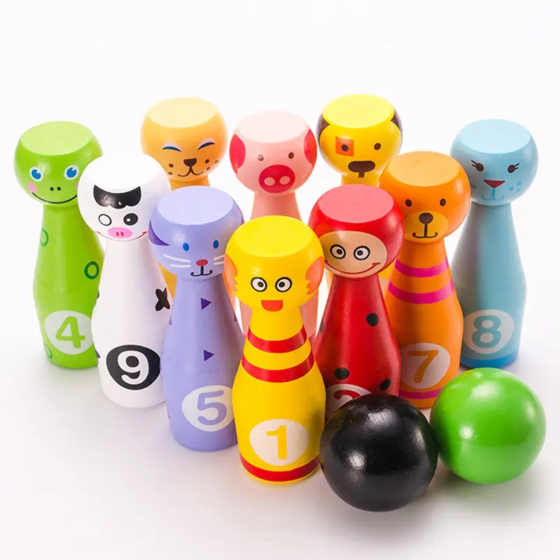 10pcs Wooden Bowling Toy Cartoon Animal Wooden Bowling Set Children Fun Interactive Toys Wooden Bowling Sport Ball Game for Kids