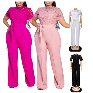 D509 Ultimo Modello di <span class=keywords><strong>Tuta</strong></span> Sexy in <span class=keywords><strong>Pizzo</strong></span> per Donne, Maniche Corte Traforate, Vita Alta con Lacci, Gamba Larga - Product Image 1