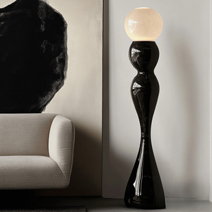 Modern <b>Black</b> Marble Floor Lamp With Off White Glass Globe <b>Shade</b> Large Size LED <b>Lighting</b> For Residential Use - Product Image 1