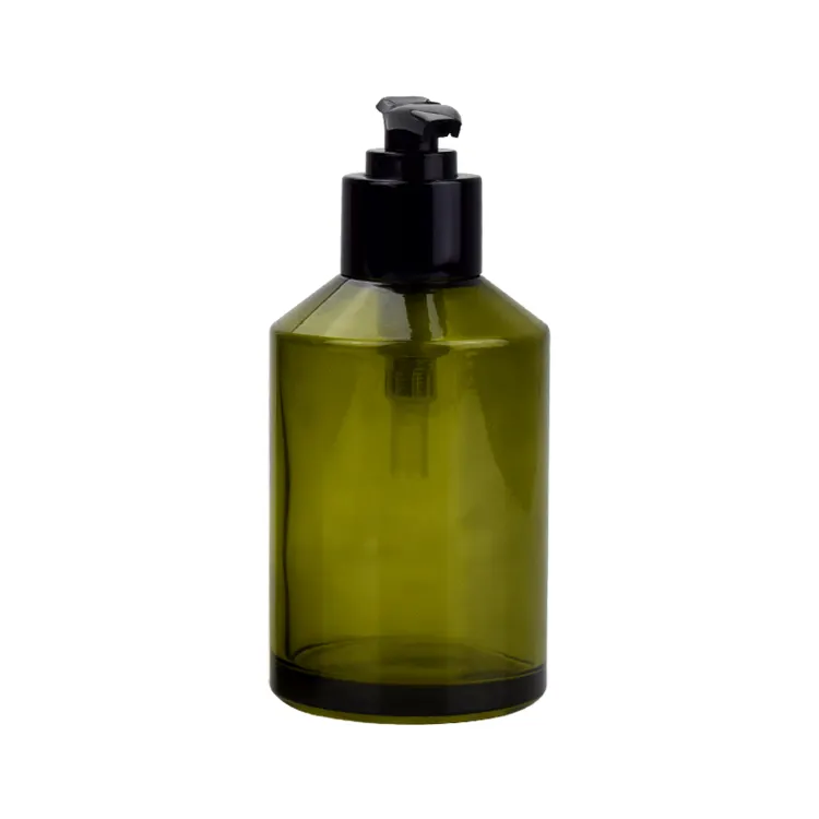 Personalizza la popolare bottiglia di lozione di vetro cosmetica per la cura della spalla obliqua per 200ml verde con pompa di plastica nera