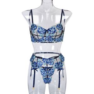 Groothandel 3 Stuk Vrouwen Sexy Blauwe Boog Borduurbh Ondergoed Kousenband Hot Doorzichtige Lingerie Set - Product Image 1