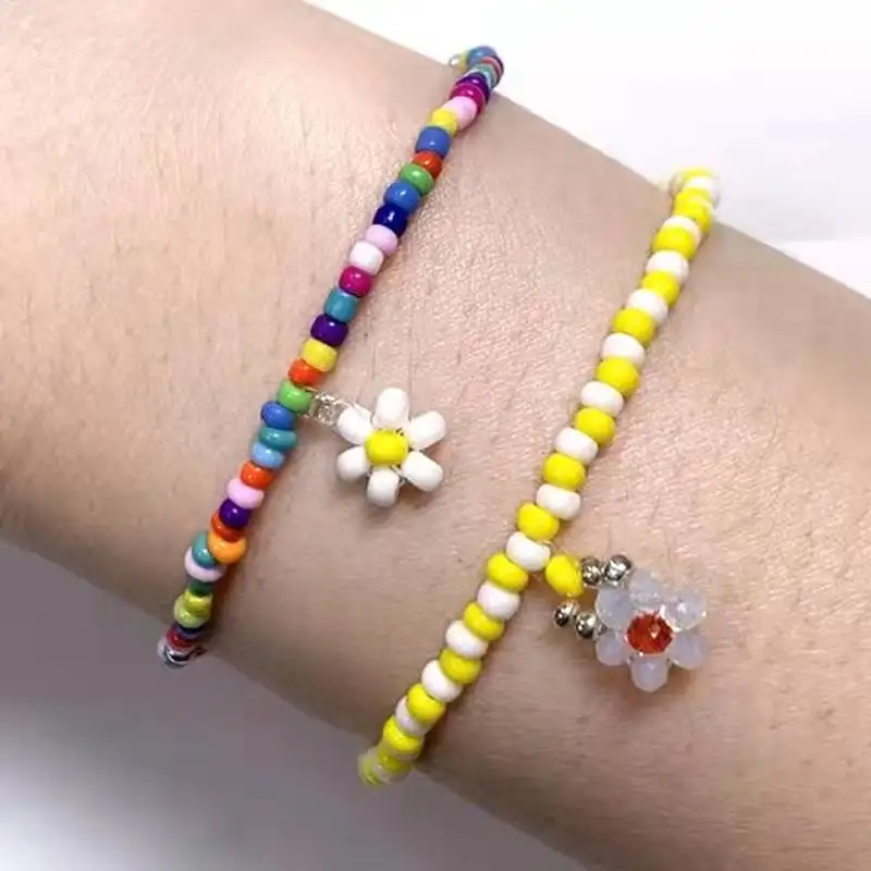 Boho Multi Layer Bunte handgemachte Samen perle verstellbare Gänseblümchen Blumen kette Armband