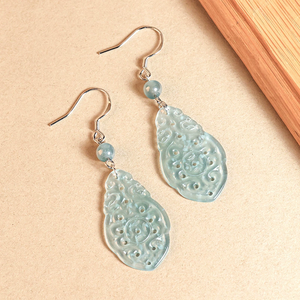 Natural A-grade Jade Blue Water Double Dragon Hollow Earrings, S925 <b>Silver</b> Ice Jade <b>Studs</b>, Ancient Style Women's Ear Drops - Product Image 4