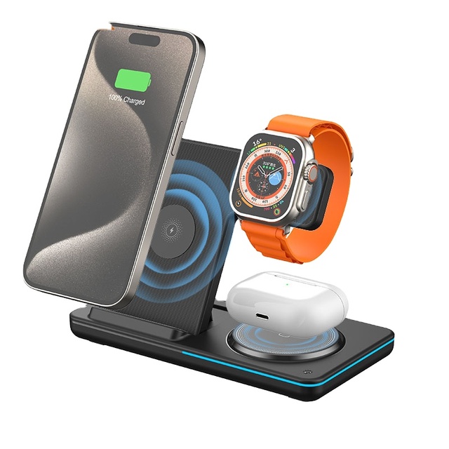 Foldable Portable 3-In-1 Wireless Phone Charging Stand 15W 10W .0 Wireless Charger for Mobile Phone Smart Watch Earphones
