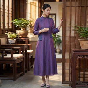 Vestido Midi Morado de Primavera/Verano para Mujer, Estilo Chino, Manga 3/4, Nuevo y Hermoso, Venta al Por Mayor - Product Image 2