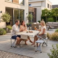 Ensemble de meubles d'extérieur de haute qualité, table à manger extensible et pliable en aluminium avec banc et 4 chaises pour utilisation dans les parcs et les hôtels