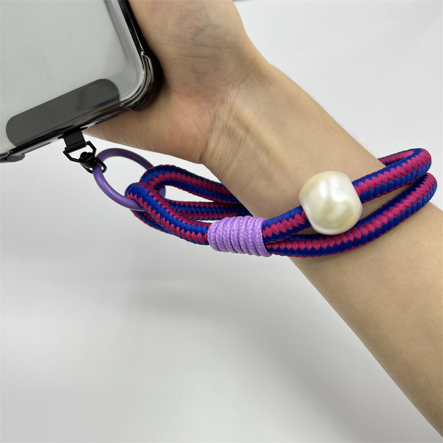 Korean Style Ins Colorful Woven Wristband Rope Short Phone Case Hanging Rope Chain Woven Pearl Keychain Phone Hanging Lanyard