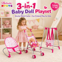 Poussette de jeu 3-en-1 Belinda avec balançoire et jouets, poupées réalistes de 14 pouces, jouets éducatifs, cadeaux pour enfants