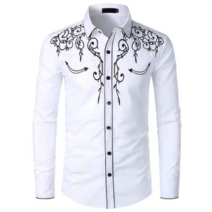 Camisas bordadas blancas para <span class=keywords><strong>hombre</strong></span>, Top occidental con flores doradas, ropa informal de <span class=keywords><strong>vaquero</strong></span> americano y mejicano - Product Image 6