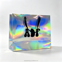 Sacs en papier holographique avec logo estampé à chaud, directement de l'usine, avec poignée en ruban noir mat pour les cadeaux de Noël et de fêtes