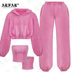 Custom Lounge Wear Sets 3 Stuks Vrouwen Sets Boxy Hoodie En Broek Set Vest Zuur Wassen Trainingspak Outfits Vrouwen Kleding