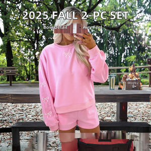 เสื้อสเวตเตอร์คอกลม2ชิ้นลำลองของผู้หญิงสำหรับฤดูใบไม้ร่วง2025ชุดสั้นโบว์ปักสีชมพูล้วนสำหรับฤดูใบไม้ร่วงขายส่ง - Product Image 2