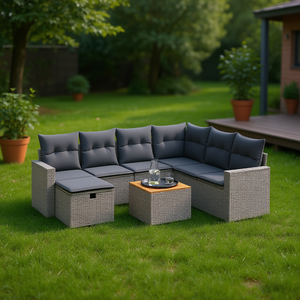 Ensemble de canapés de jardin gris en rotin, 6 places, mobilier d'extérieur avec rangement, design contemporain - Product Image 2