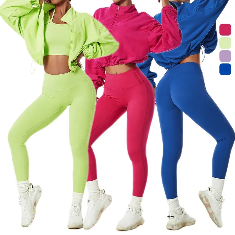 FS802 # sıcak satış 3 parça egzersiz seti kadın spor aktif giyim spor spor Yoga seti ile ceket ve legging spor giyim kadınlar için