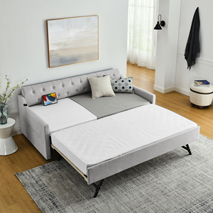Canapé-<span class=keywords><strong>lit</strong></span> moderne en lin capitonné avec <span class=keywords><strong>lit</strong></span> <span class=keywords><strong>gigogne</strong></span>, canapé-<span class=keywords><strong>lit</strong></span> multifonctionnel avec <span class=keywords><strong>lit</strong></span> escamotable, chargeur USB, meubles de salon - Product Image 3
