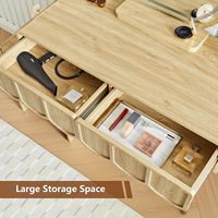Ensemble de coiffeuse moderne avec miroir LED 3 couleurs, bureau de maquillage en bois clair avec armoire latérale et tabouret rembourré