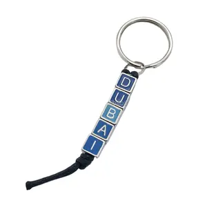 Best Selling Dubai Tourist Souvenir Zinc Alloy Custom Blue Key Chains Long Keychain Letter Bead Keyring