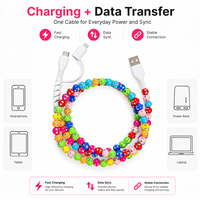 Câble de charge USB Type C 3 en 1 avec strass colorés et perles, pour la charge et le transfert de données