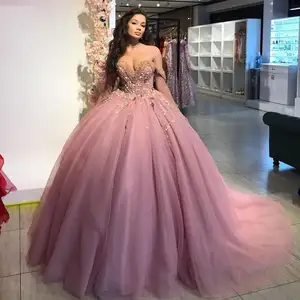 QD1545 Pink Ball Gown Quinceanera Dress Beaded Prom Dresses Off The Shoulder Formal Quinceanera Gowns 3D flowers Sweep Train