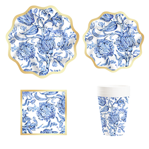 Juego de Vajilla Desechable con Diseño Floral Azul DAMAI, Platos de Papel con Estampado en Caliente, Platos de Papel Florales Azules - Product Image 1