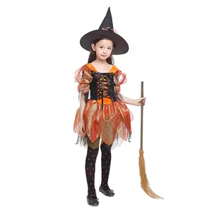 Costume da spettacolo teatrale per bambini all'ingrosso costume da strega per ragazza costumi di halloween per bambini ragazza strega di colore arancione