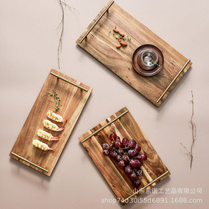 Rectangular Wooden <b>Tray</b> With Gold Handles For Sushi <b>Tea</b> Coffee Hotel Serving - Product Image 2