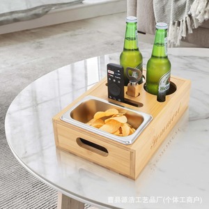 Wooden Desktop Storage Box With Bottle Holders And Snack Tray For <b>Beer</b> And Chips Organizing - Product Image 3