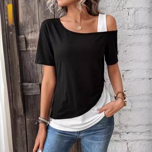 Chic Color Blocking manga corta Mujer Color sólido fuera del hombro camiseta asimétrica mujer verano Casual Tops - Product Image 6