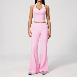 Quick-drying Yoga Wear Sets for Women Halter Gym tank <strong>Tops</strong> High Waist <strong>Peach</strong> Butt Lift Flared Pants Leggings 2 Pieces Sets - Product Image 3