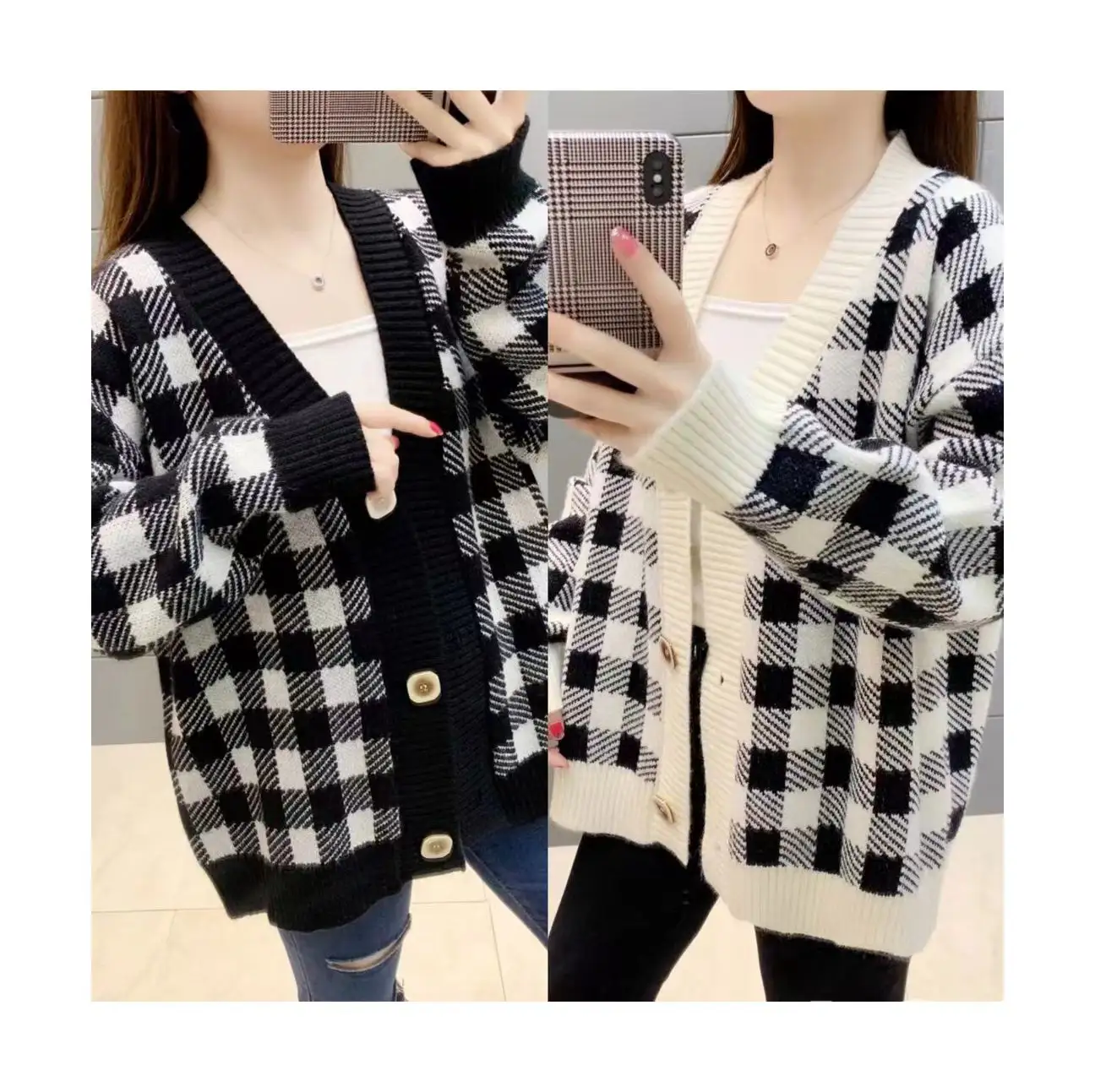 Autumn and Winter Polyester Fiber V-neck Casual Sweater Women Black and White Grid Sweater Cardigan Women